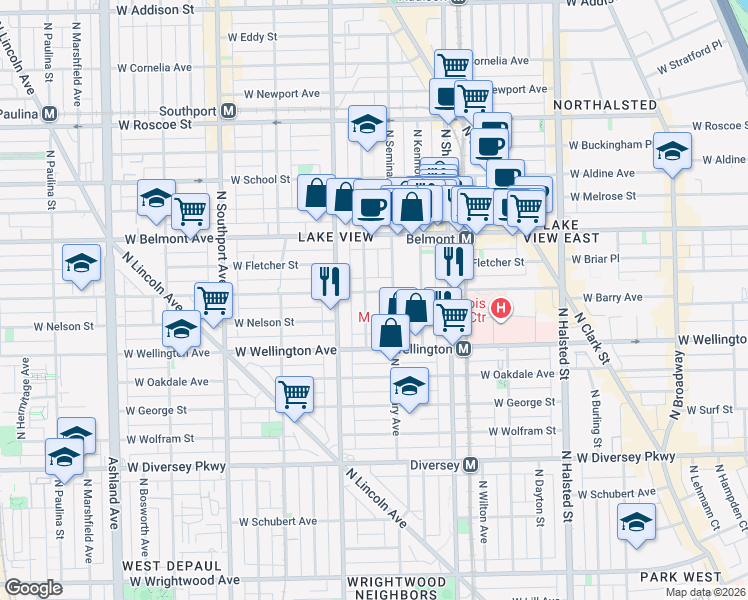 map of restaurants, bars, coffee shops, grocery stores, and more near 3116 North Seminary Avenue in Chicago