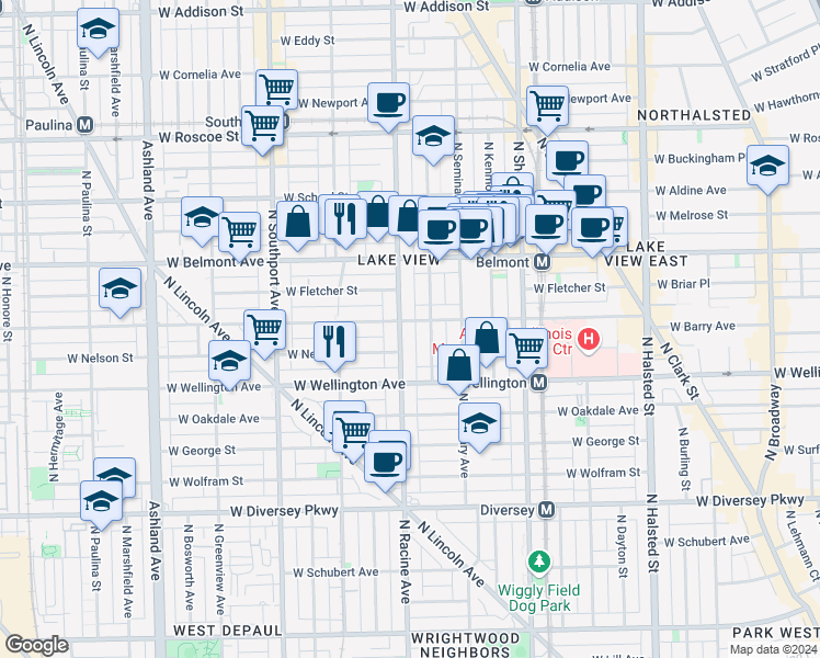 map of restaurants, bars, coffee shops, grocery stores, and more near 3117 North Racine Avenue in Chicago