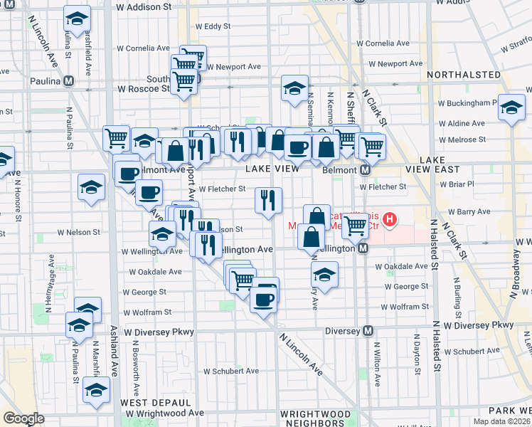 map of restaurants, bars, coffee shops, grocery stores, and more near 1223 West Fletcher Street in Chicago