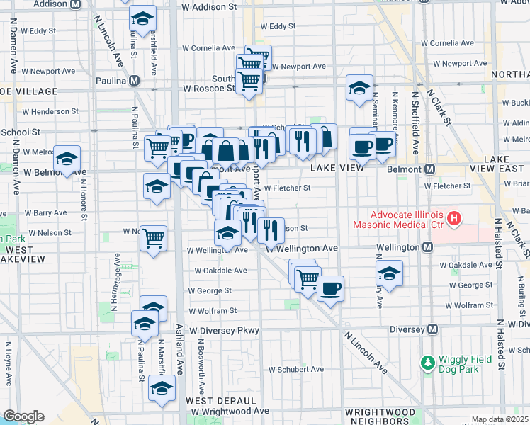 map of restaurants, bars, coffee shops, grocery stores, and more near 1347 West Fletcher Street in Chicago