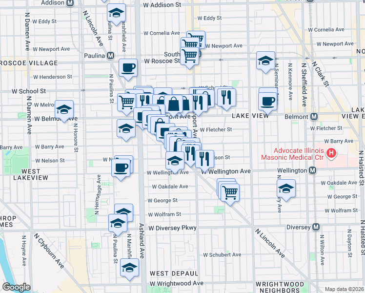 map of restaurants, bars, coffee shops, grocery stores, and more near 1415 West Fletcher Street in Chicago