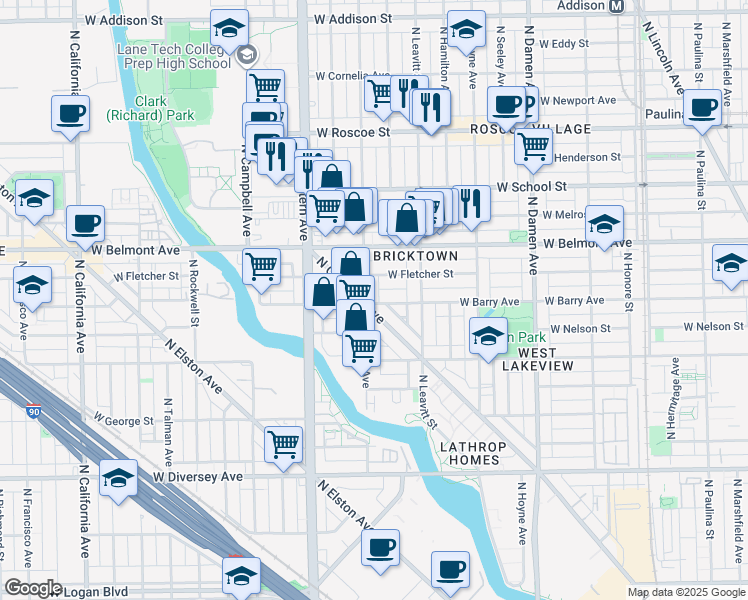 map of restaurants, bars, coffee shops, grocery stores, and more near 3123 North Oakley Avenue in Chicago