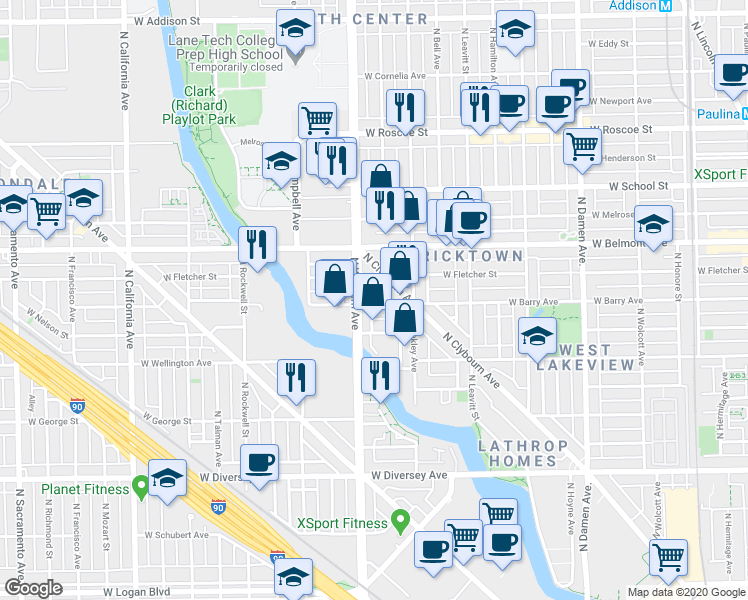 map of restaurants, bars, coffee shops, grocery stores, and more near 3142 North Clybourn Avenue in Chicago