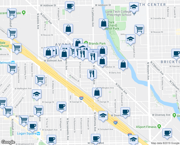 map of restaurants, bars, coffee shops, grocery stores, and more near 2848 West Barry Avenue in Chicago