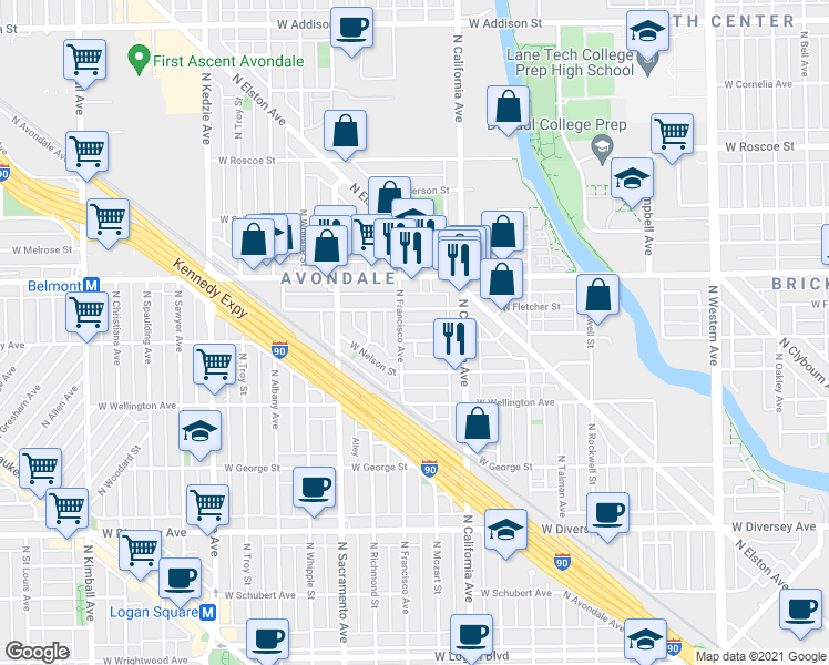 map of restaurants, bars, coffee shops, grocery stores, and more near 2848 West Barry Avenue in Chicago