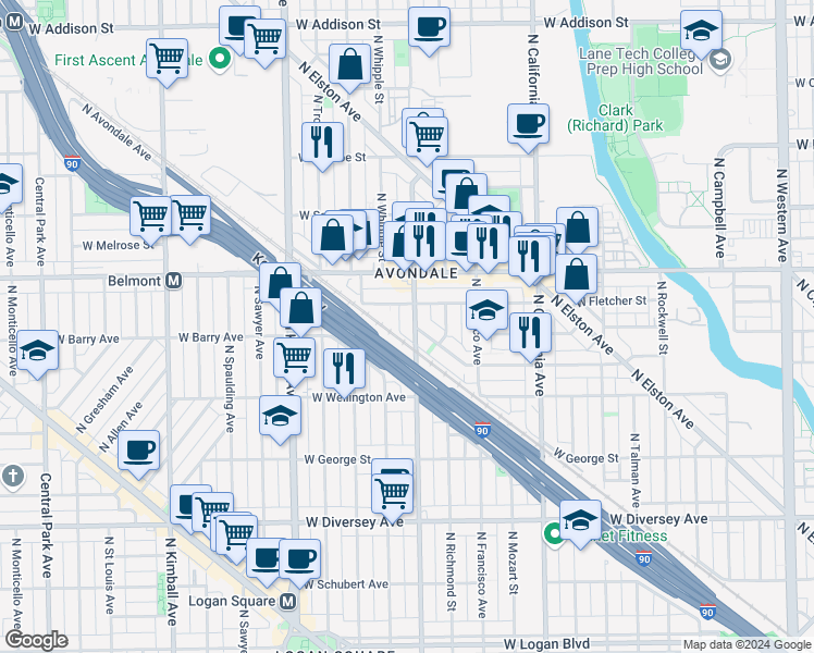 map of restaurants, bars, coffee shops, grocery stores, and more near 3020 West Fletcher Street in Chicago