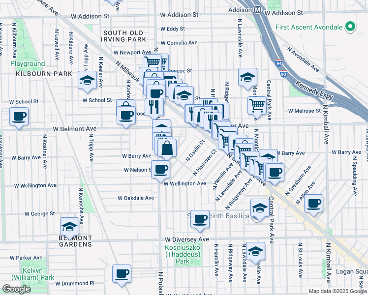 map of restaurants, bars, coffee shops, grocery stores, and more near 3157 North Springfield Avenue in Chicago