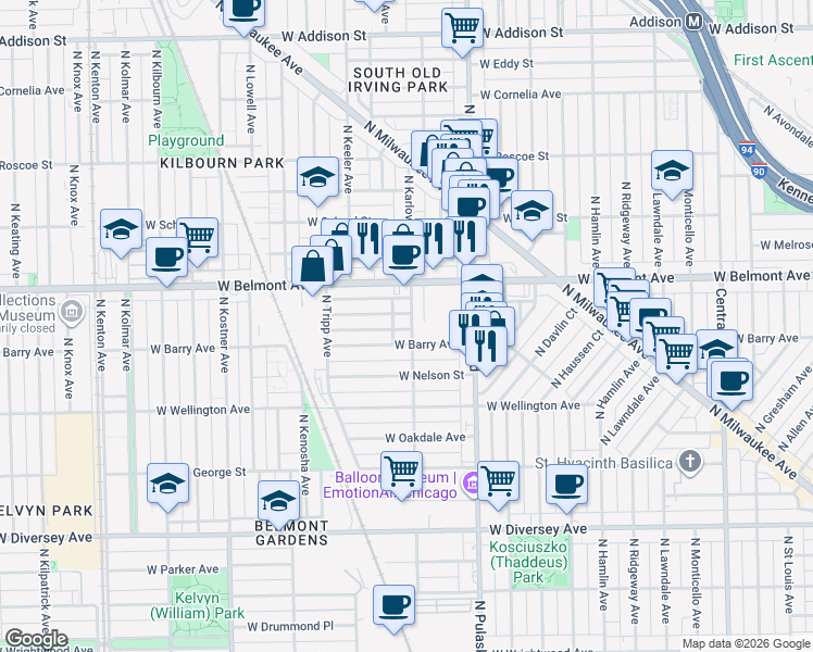 map of restaurants, bars, coffee shops, grocery stores, and more near 4120 West Fletcher Street in Chicago