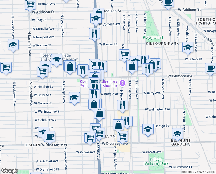 map of restaurants, bars, coffee shops, grocery stores, and more near 4743 West Belmont Avenue in Chicago
