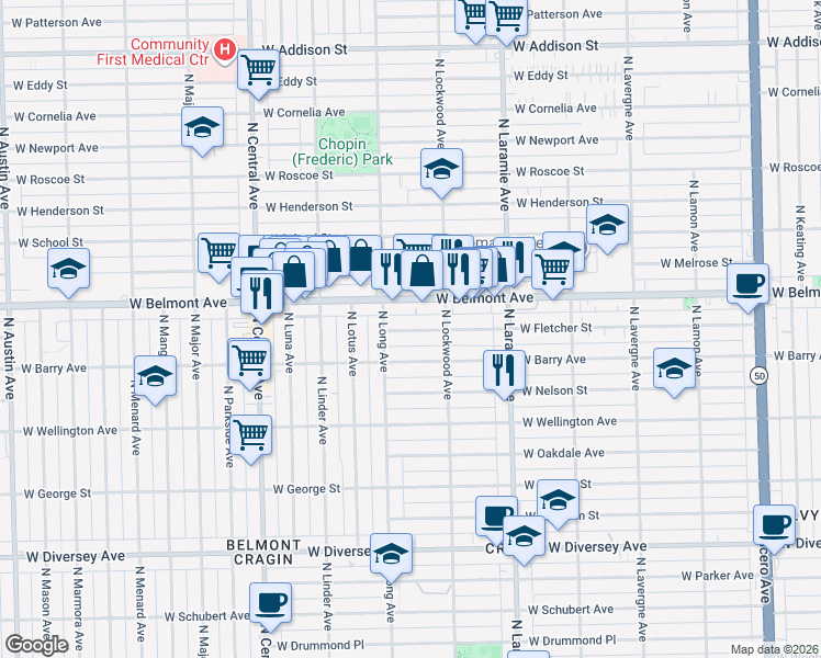 map of restaurants, bars, coffee shops, grocery stores, and more near 5335 West Belmont Avenue in Chicago