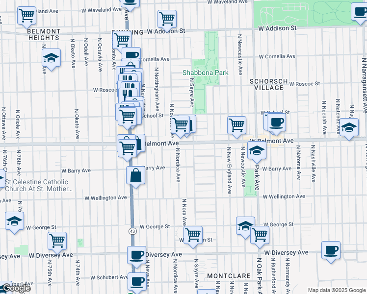 map of restaurants, bars, coffee shops, grocery stores, and more near 7034 West Belmont Avenue in Chicago