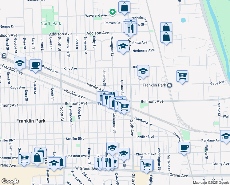 map of restaurants, bars, coffee shops, grocery stores, and more near 9707 Gage Avenue in Franklin Park