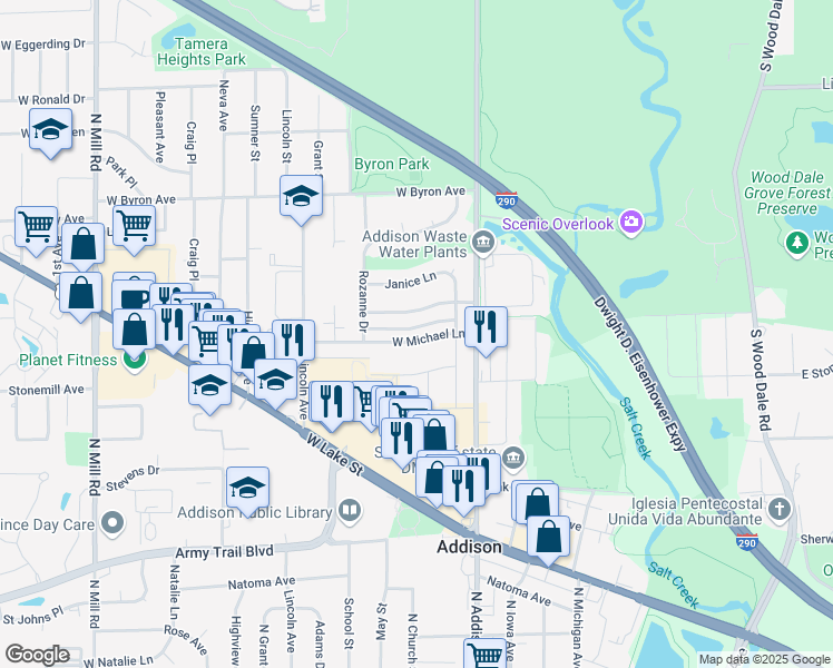 map of restaurants, bars, coffee shops, grocery stores, and more near 108 West Marilyn Terrace in Addison