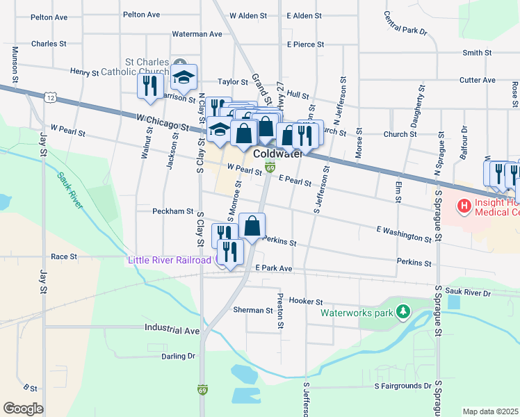 map of restaurants, bars, coffee shops, grocery stores, and more near 90 Division Street in Coldwater