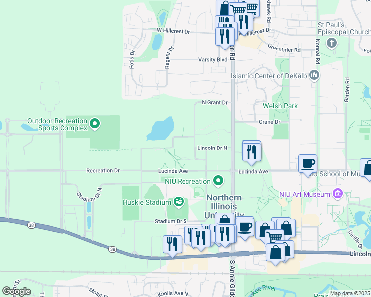 map of restaurants, bars, coffee shops, grocery stores, and more near 1250 North Grant Drive in DeKalb