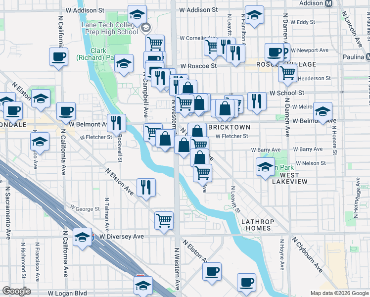 map of restaurants, bars, coffee shops, grocery stores, and more near 3142 North Clybourn Avenue in Chicago