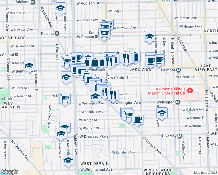 map of restaurants, bars, coffee shops, grocery stores, and more near 1347 West Fletcher Street in Chicago