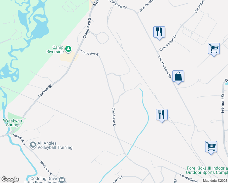 map of restaurants, bars, coffee shops, grocery stores, and more near 42 Bunny Hop Way in Taunton