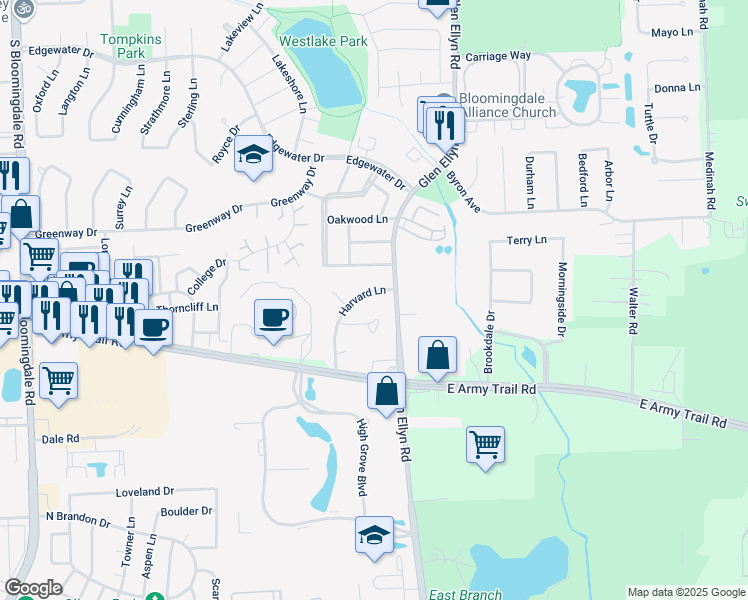 map of restaurants, bars, coffee shops, grocery stores, and more near 247 Harvard Lane in Bloomingdale