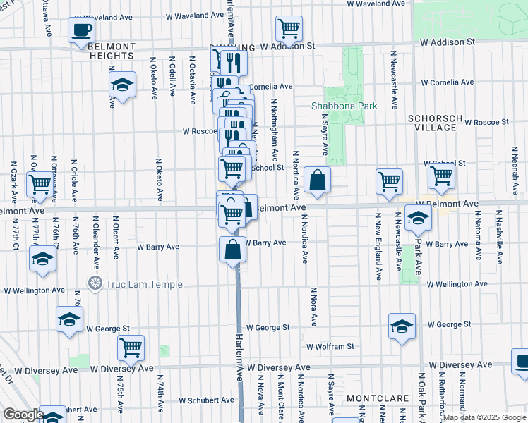 map of restaurants, bars, coffee shops, grocery stores, and more near 7129 West Belmont Avenue in Chicago
