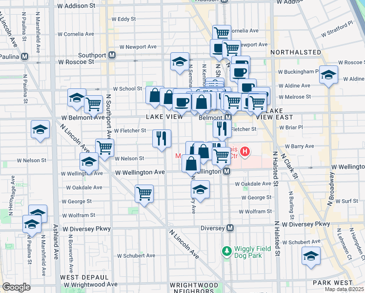map of restaurants, bars, coffee shops, grocery stores, and more near 3116 North Seminary Avenue in Chicago