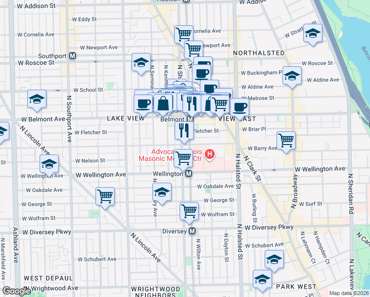map of restaurants, bars, coffee shops, grocery stores, and more near 3053 North Sheffield Avenue in Chicago