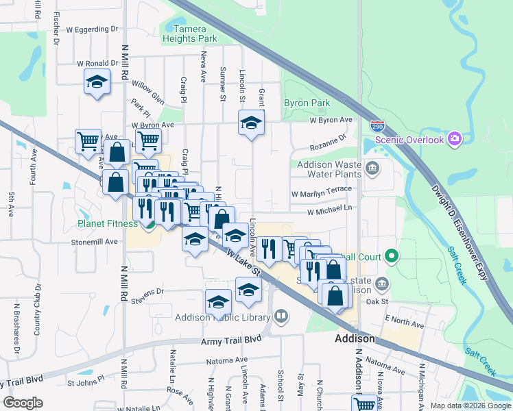map of restaurants, bars, coffee shops, grocery stores, and more near 610 North Lullo Drive in Addison