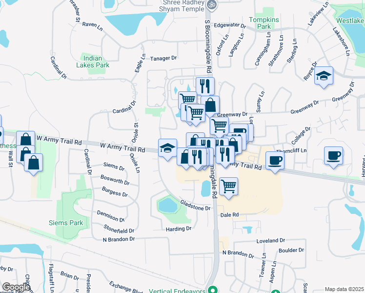 map of restaurants, bars, coffee shops, grocery stores, and more near 183 Lake Ridge Drive in Glendale Heights