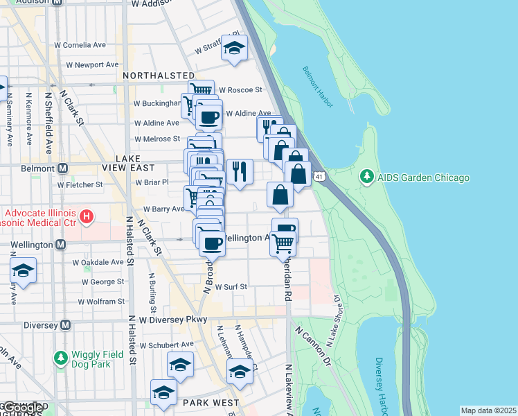 map of restaurants, bars, coffee shops, grocery stores, and more near 440 West Barry Avenue in Chicago