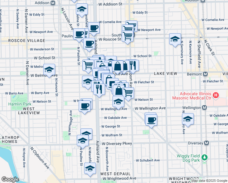 map of restaurants, bars, coffee shops, grocery stores, and more near N Lincoln Ave & W Barry Ave in Chicago