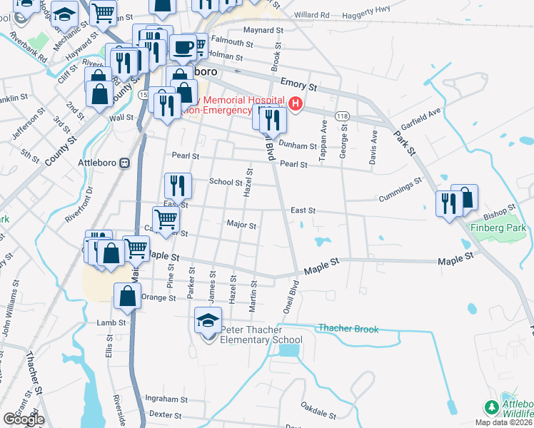 map of restaurants, bars, coffee shops, grocery stores, and more near 61 School Street in Attleboro