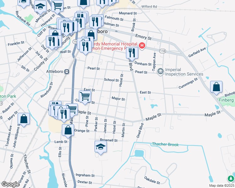map of restaurants, bars, coffee shops, grocery stores, and more near 86 East Street in Attleboro