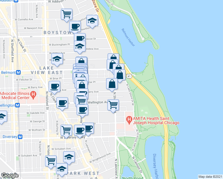 map of restaurants, bars, coffee shops, grocery stores, and more near 423A West Briar Place in Chicago