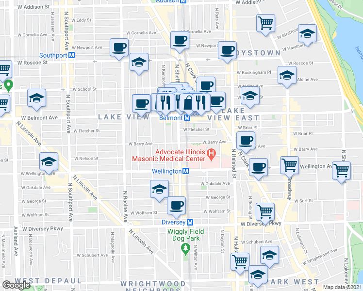 map of restaurants, bars, coffee shops, grocery stores, and more near 3109 North Sheffield Avenue in Chicago