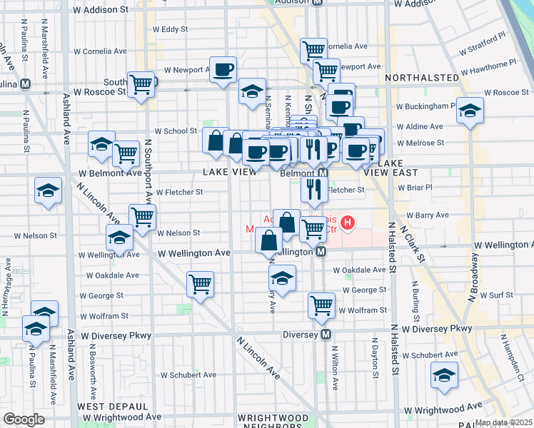 map of restaurants, bars, coffee shops, grocery stores, and more near 3116 North Seminary Avenue in Chicago