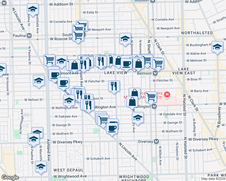 map of restaurants, bars, coffee shops, grocery stores, and more near 1223 West Fletcher Street in Chicago
