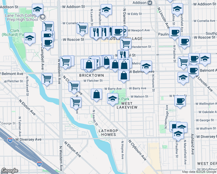 map of restaurants, bars, coffee shops, grocery stores, and more near 2103 West Fletcher Street in Chicago