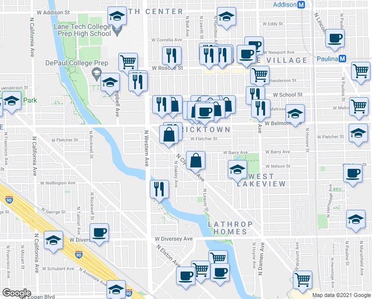 map of restaurants, bars, coffee shops, grocery stores, and more near 2221 West Fletcher Street in Chicago