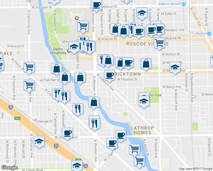 map of restaurants, bars, coffee shops, grocery stores, and more near 3142 North Clybourn Avenue in Chicago