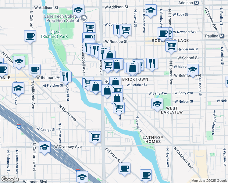 map of restaurants, bars, coffee shops, grocery stores, and more near 3142 North Clybourn Avenue in Chicago