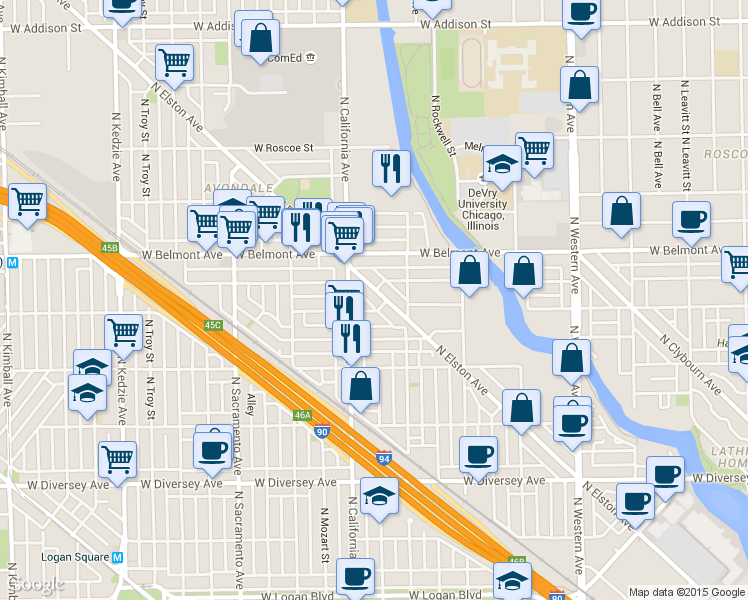 map of restaurants, bars, coffee shops, grocery stores, and more near 2707 West Fletcher Street in Chicago