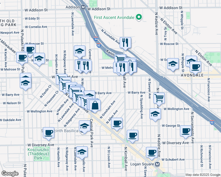 map of restaurants, bars, coffee shops, grocery stores, and more near 3132 North Bernard Street in Chicago