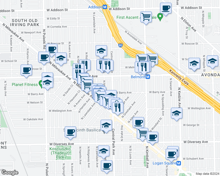 map of restaurants, bars, coffee shops, grocery stores, and more near in Chicago