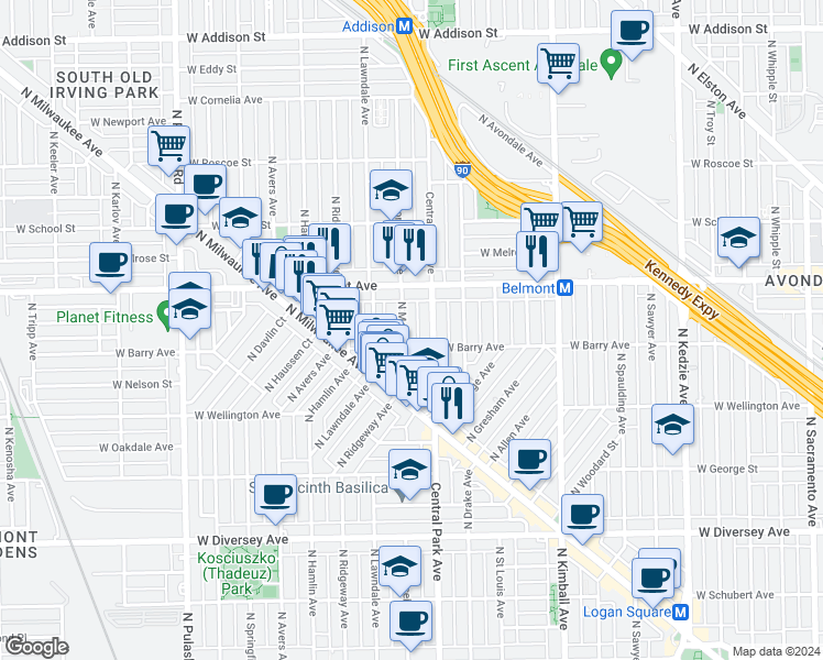 map of restaurants, bars, coffee shops, grocery stores, and more near 3137 North Monticello Avenue in Chicago