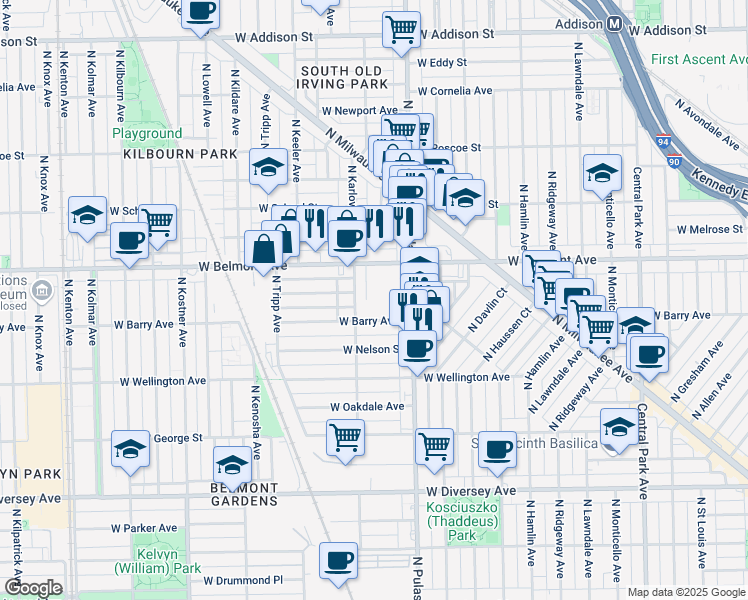 map of restaurants, bars, coffee shops, grocery stores, and more near 3143 North Karlov Avenue in Chicago