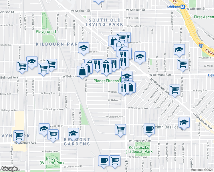 map of restaurants, bars, coffee shops, grocery stores, and more near 4120 West Fletcher Street in Chicago