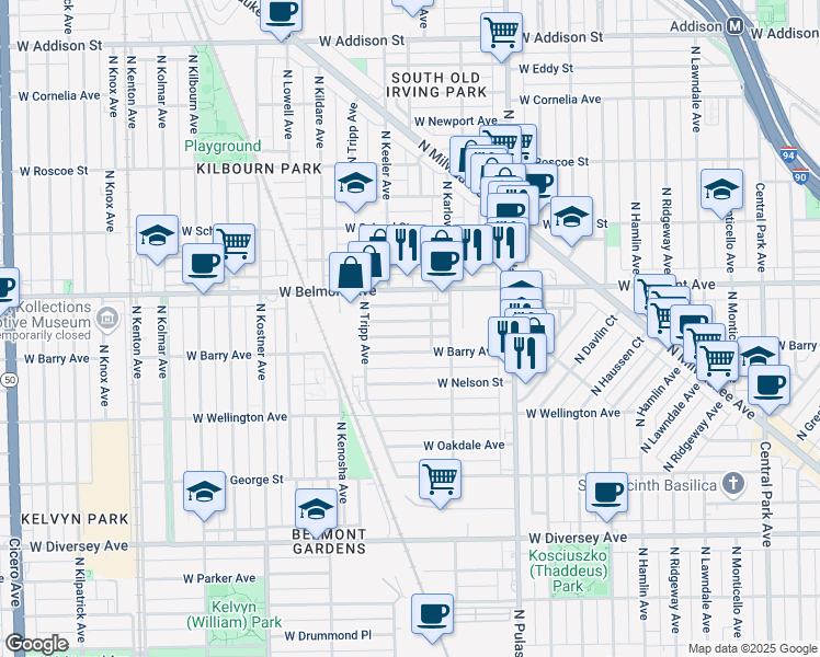 map of restaurants, bars, coffee shops, grocery stores, and more near 4120 West Fletcher Street in Chicago
