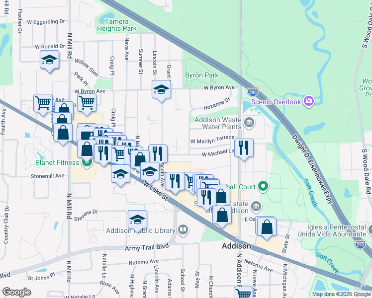 map of restaurants, bars, coffee shops, grocery stores, and more near 138 West Marilyn Terrace in Addison
