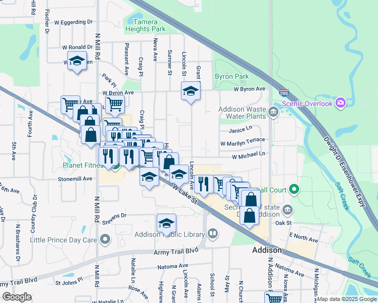 map of restaurants, bars, coffee shops, grocery stores, and more near 620 Lincoln Avenue in Addison