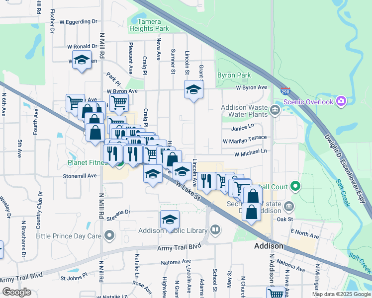 map of restaurants, bars, coffee shops, grocery stores, and more near 620 Lincoln Avenue in Addison